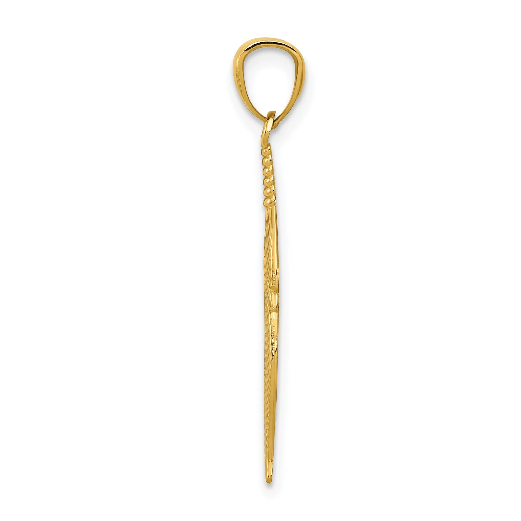 14k Yellow Gold Unisex Solid Textured Polished Finish Feather Design Charm Pendant