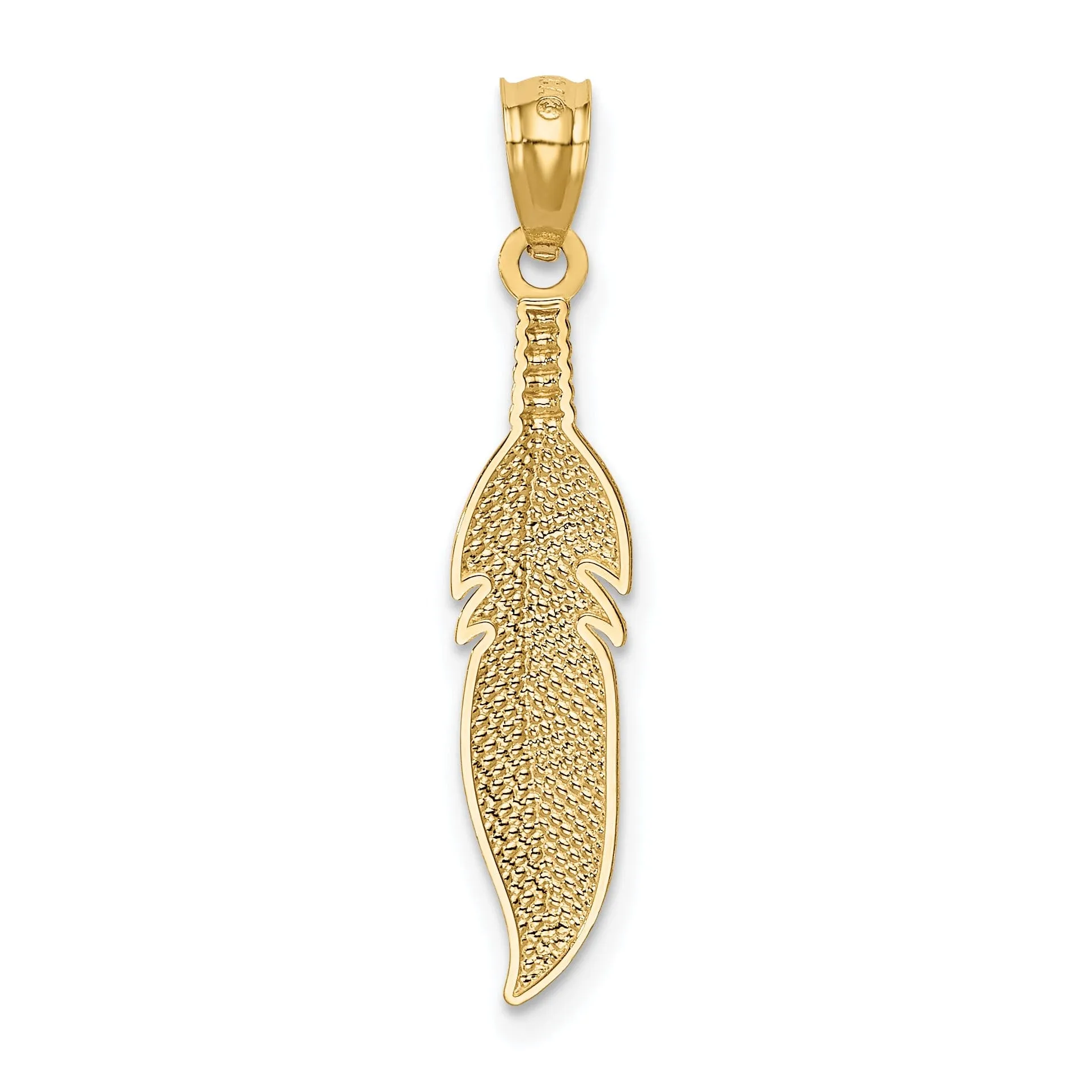14k Yellow Gold Unisex Solid Textured Polished Finish Feather Design Charm Pendant