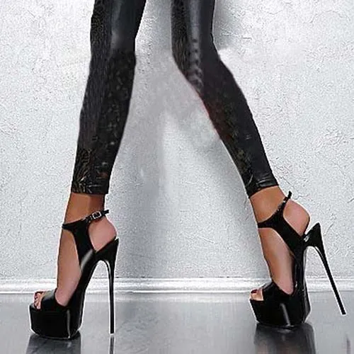 16cm Women Sandals High Heels Open Toe Buckles Nightclub Party Shoe Black Big Size