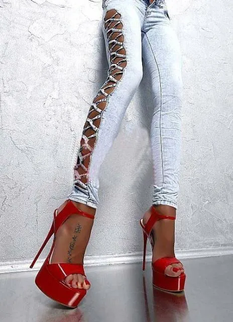 16cm Women Sandals High Heels Open Toe Buckles Nightclub Party Shoe Black Big Size