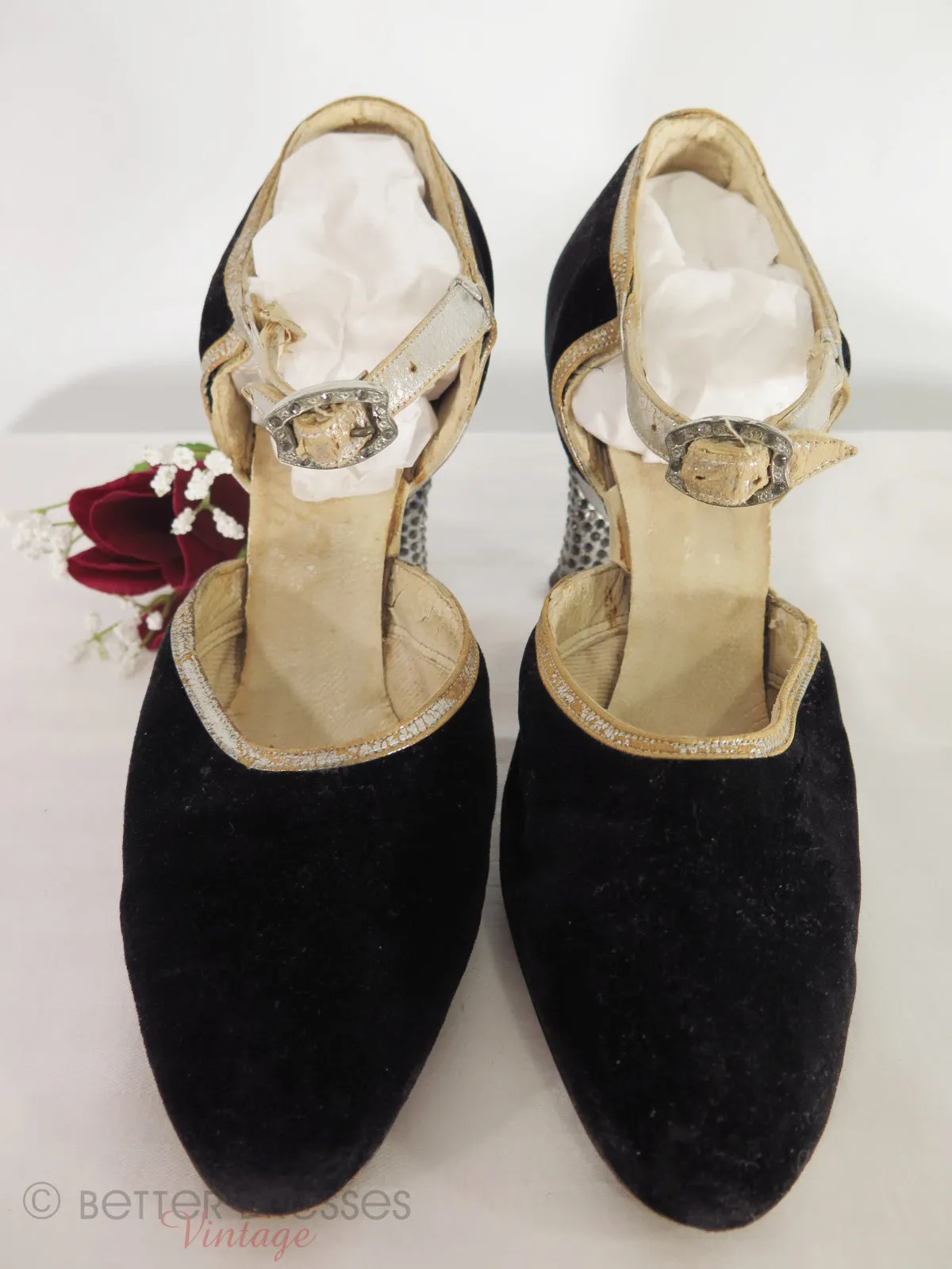 20s Black Velvet Shoes With Rhinestone Heels