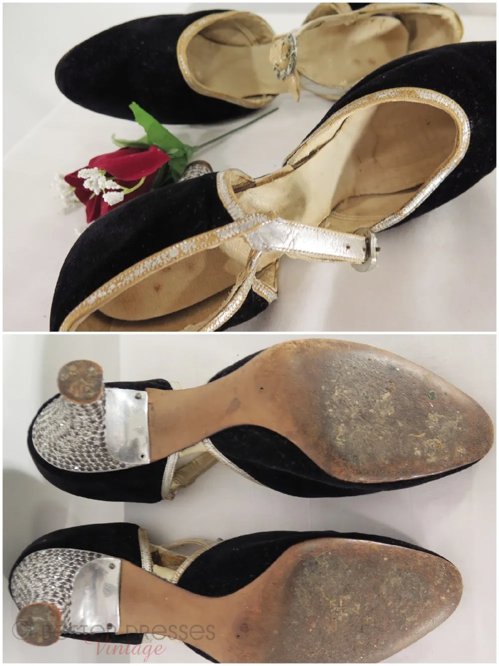 20s Black Velvet Shoes With Rhinestone Heels