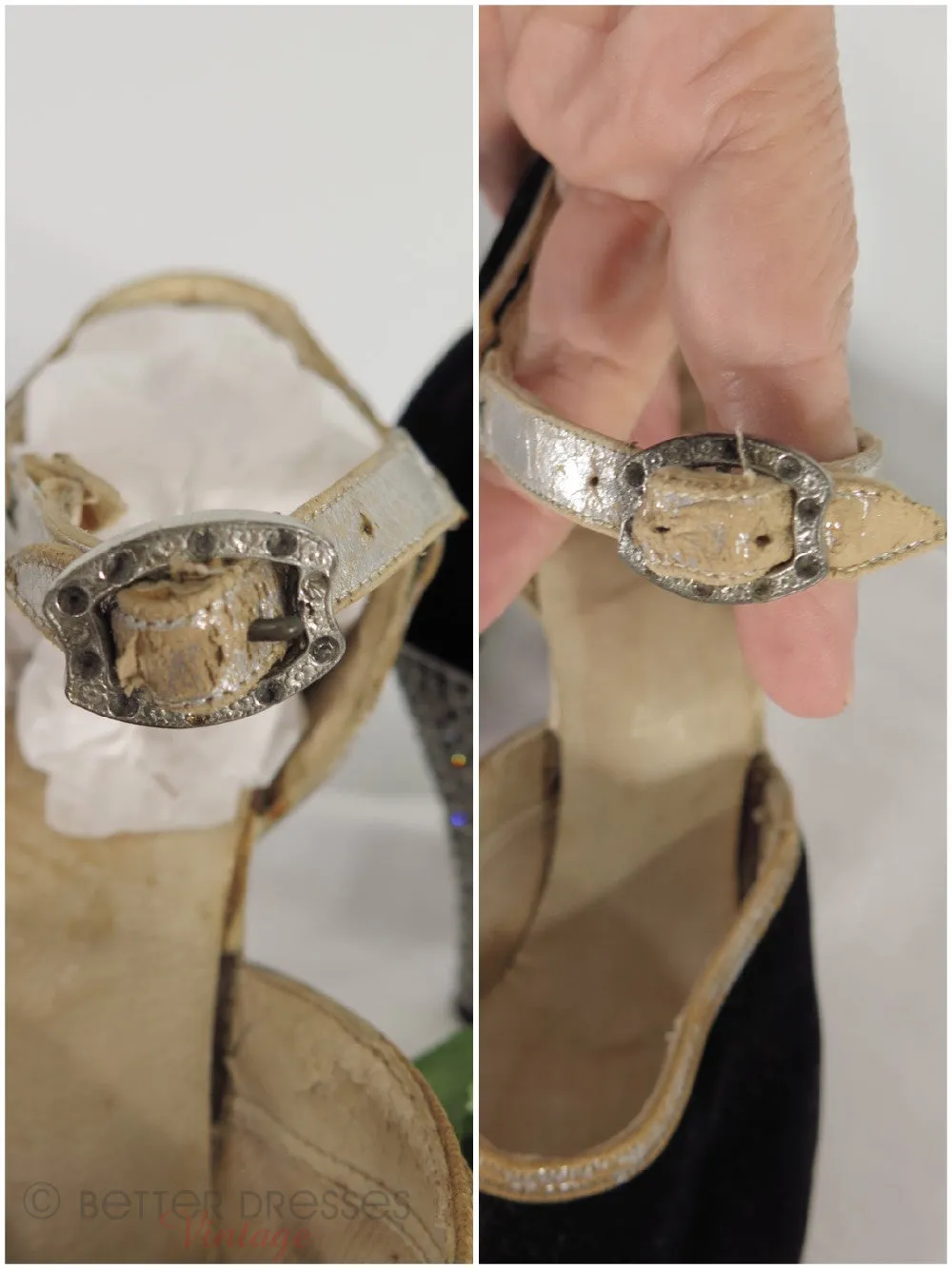 20s Black Velvet Shoes With Rhinestone Heels