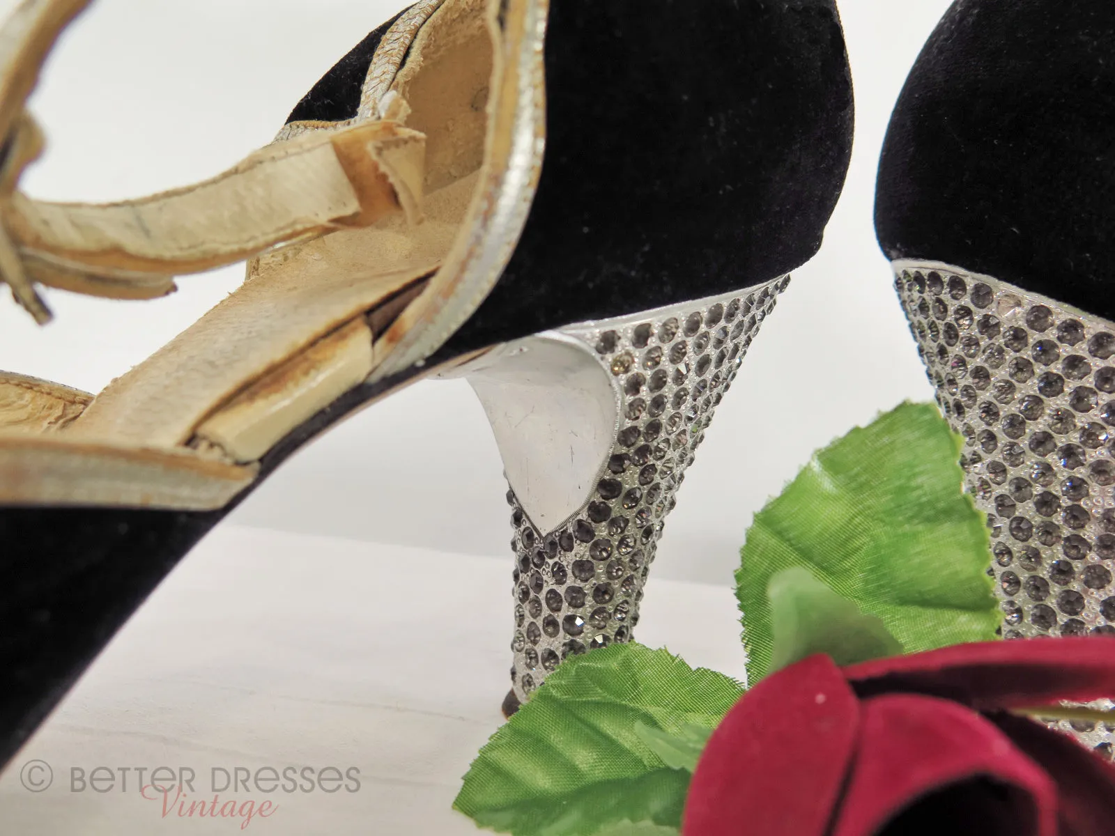 20s Black Velvet Shoes With Rhinestone Heels
