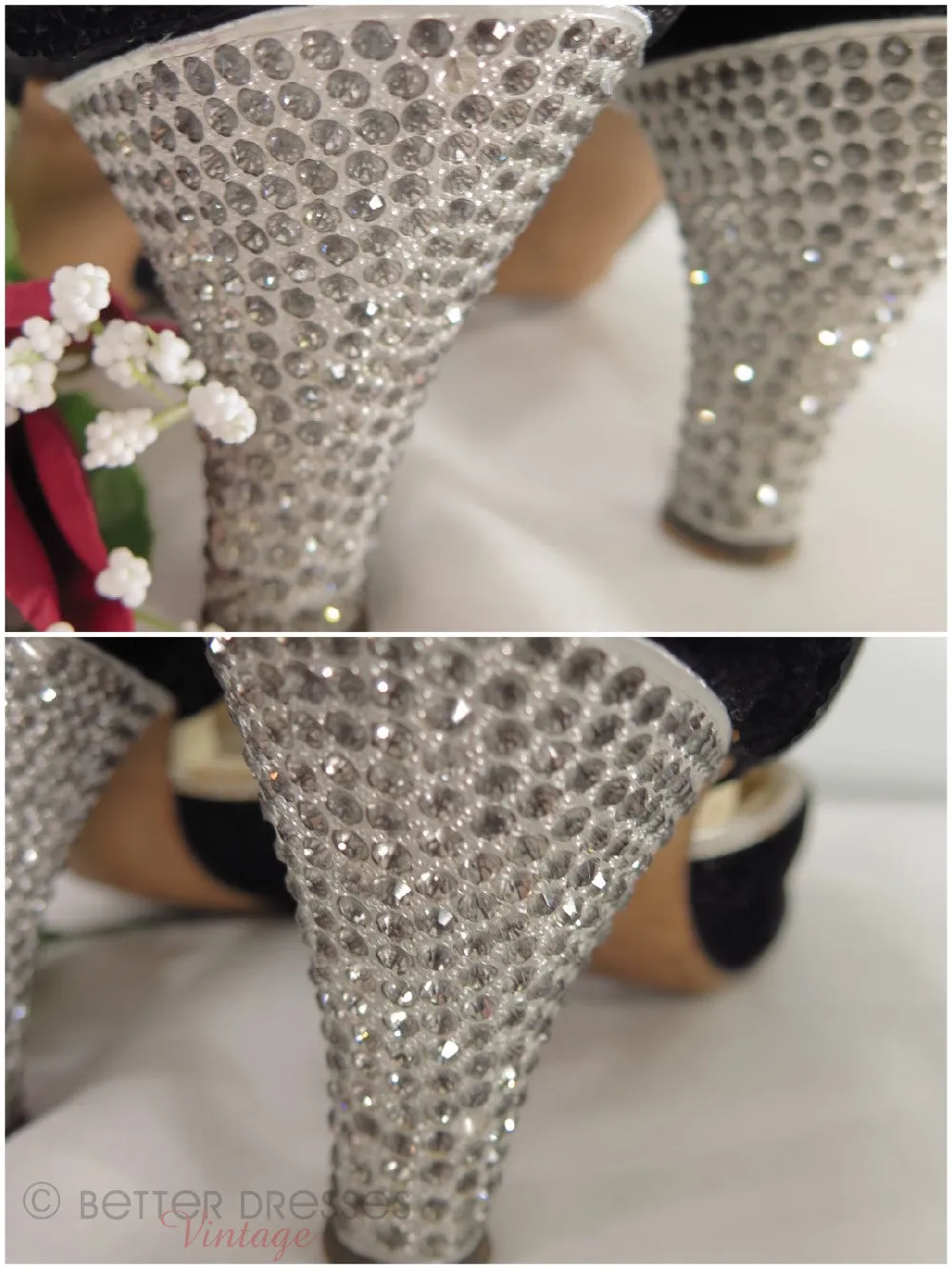 20s Black Velvet Shoes With Rhinestone Heels