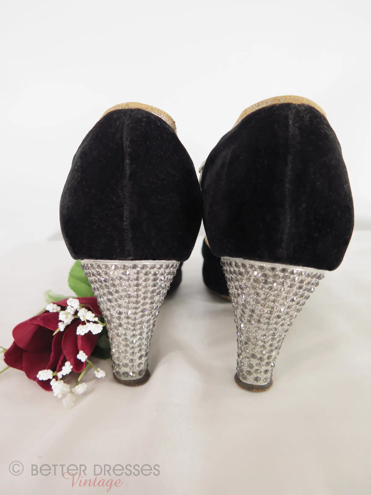 20s Black Velvet Shoes With Rhinestone Heels