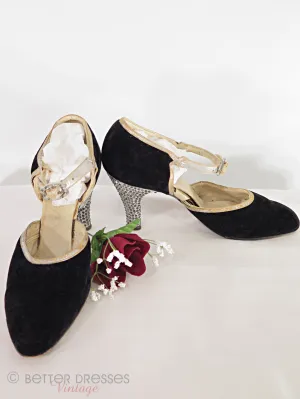 20s Black Velvet Shoes With Rhinestone Heels