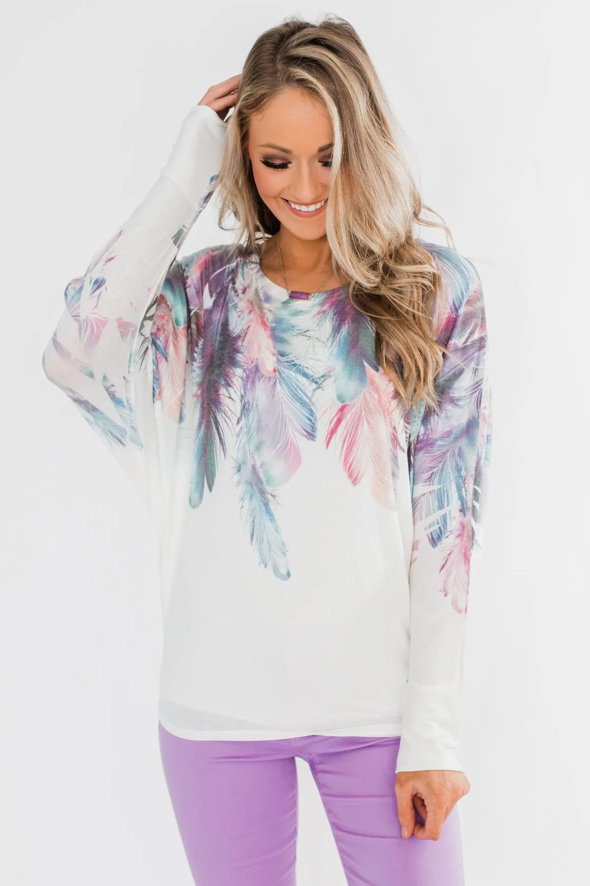 *2nds* Colorful Feather Dolman Sleeve Top- Ivory