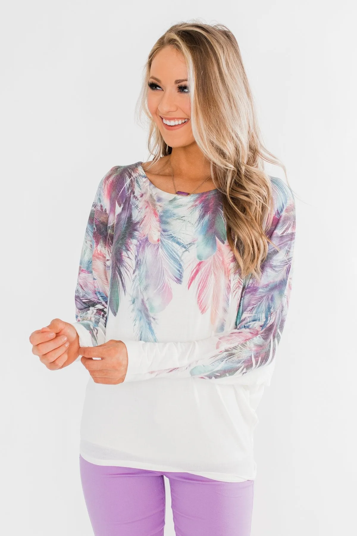 *2nds* Colorful Feather Dolman Sleeve Top- Ivory