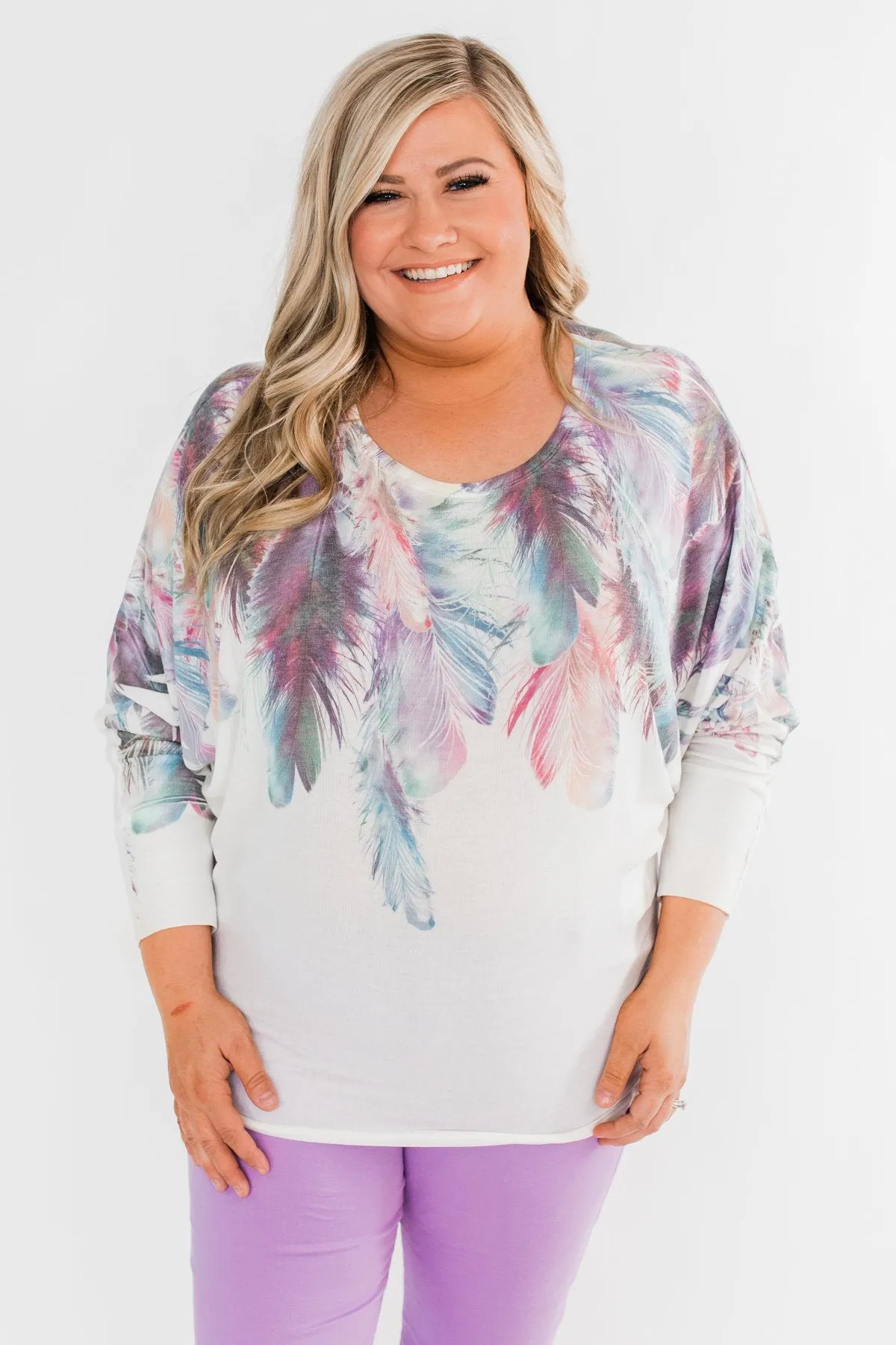 *2nds* Colorful Feather Dolman Sleeve Top- Ivory