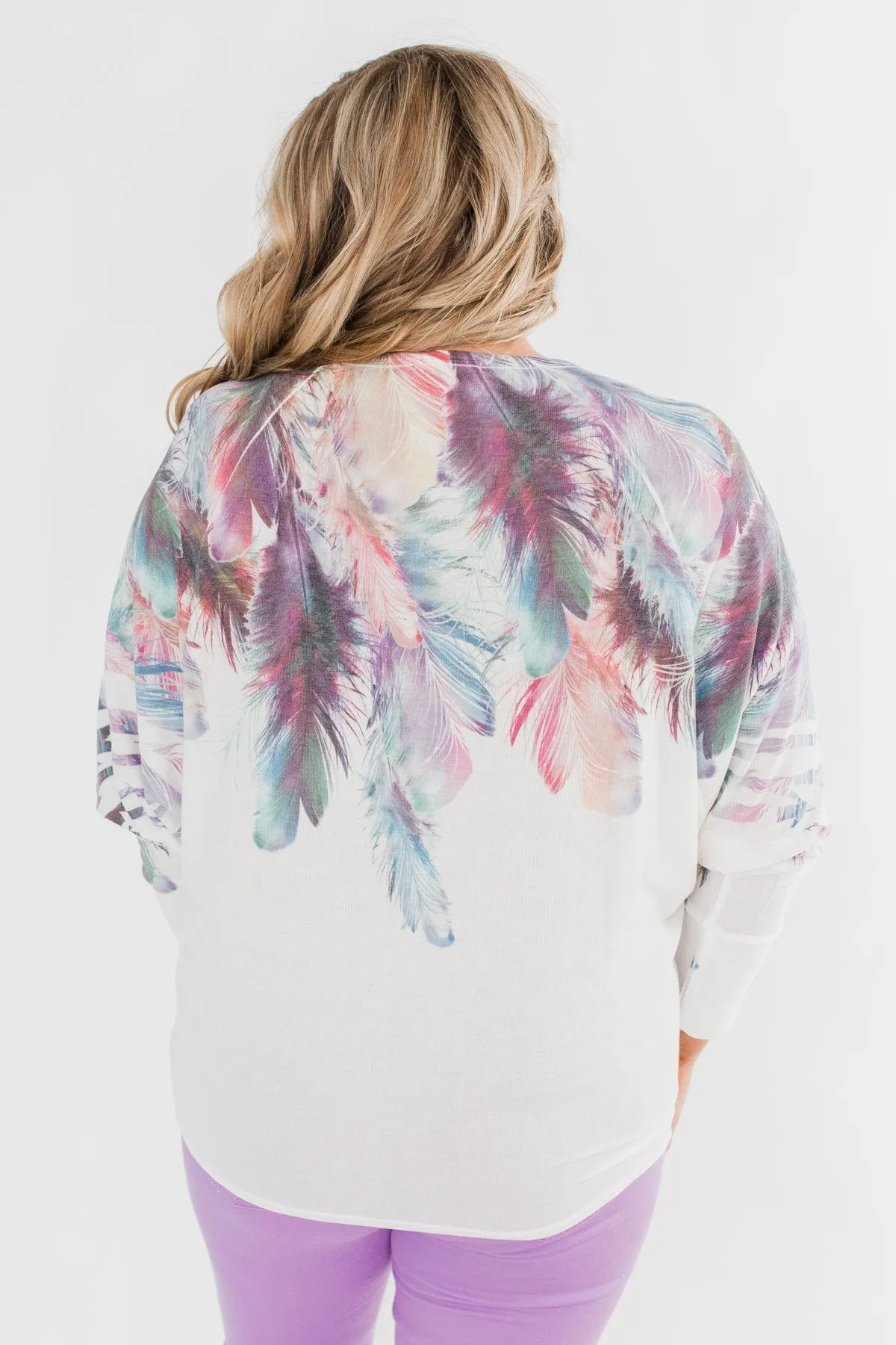 *2nds* Colorful Feather Dolman Sleeve Top- Ivory