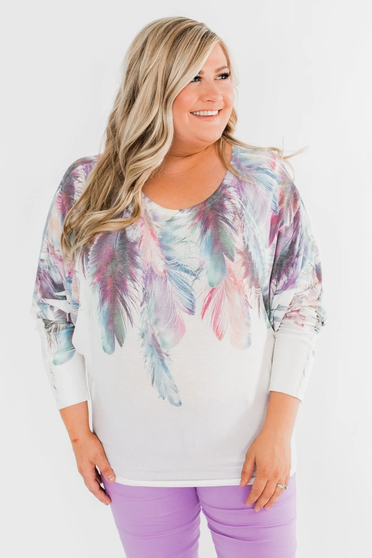 *2nds* Colorful Feather Dolman Sleeve Top- Ivory