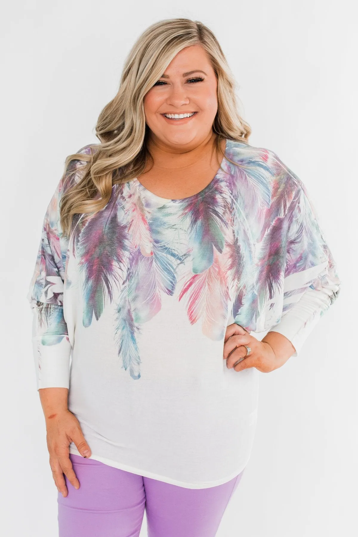 *2nds* Colorful Feather Dolman Sleeve Top- Ivory