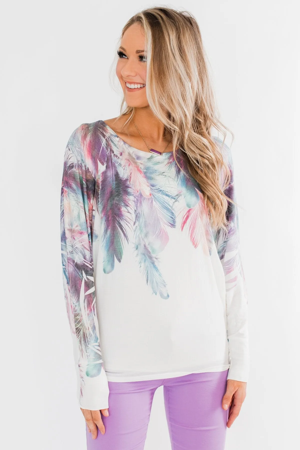 *2nds* Colorful Feather Dolman Sleeve Top- Ivory