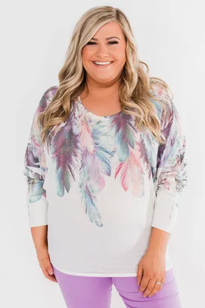 *2nds* Colorful Feather Dolman Sleeve Top- Ivory