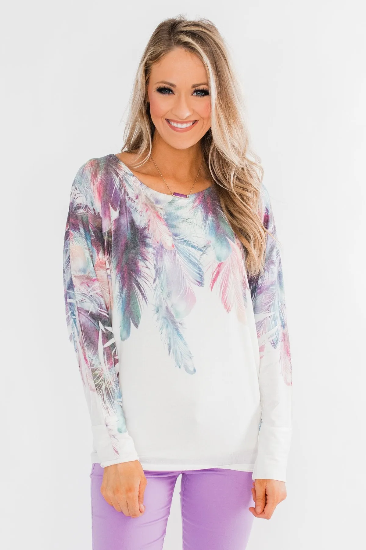 *2nds* Colorful Feather Dolman Sleeve Top- Ivory