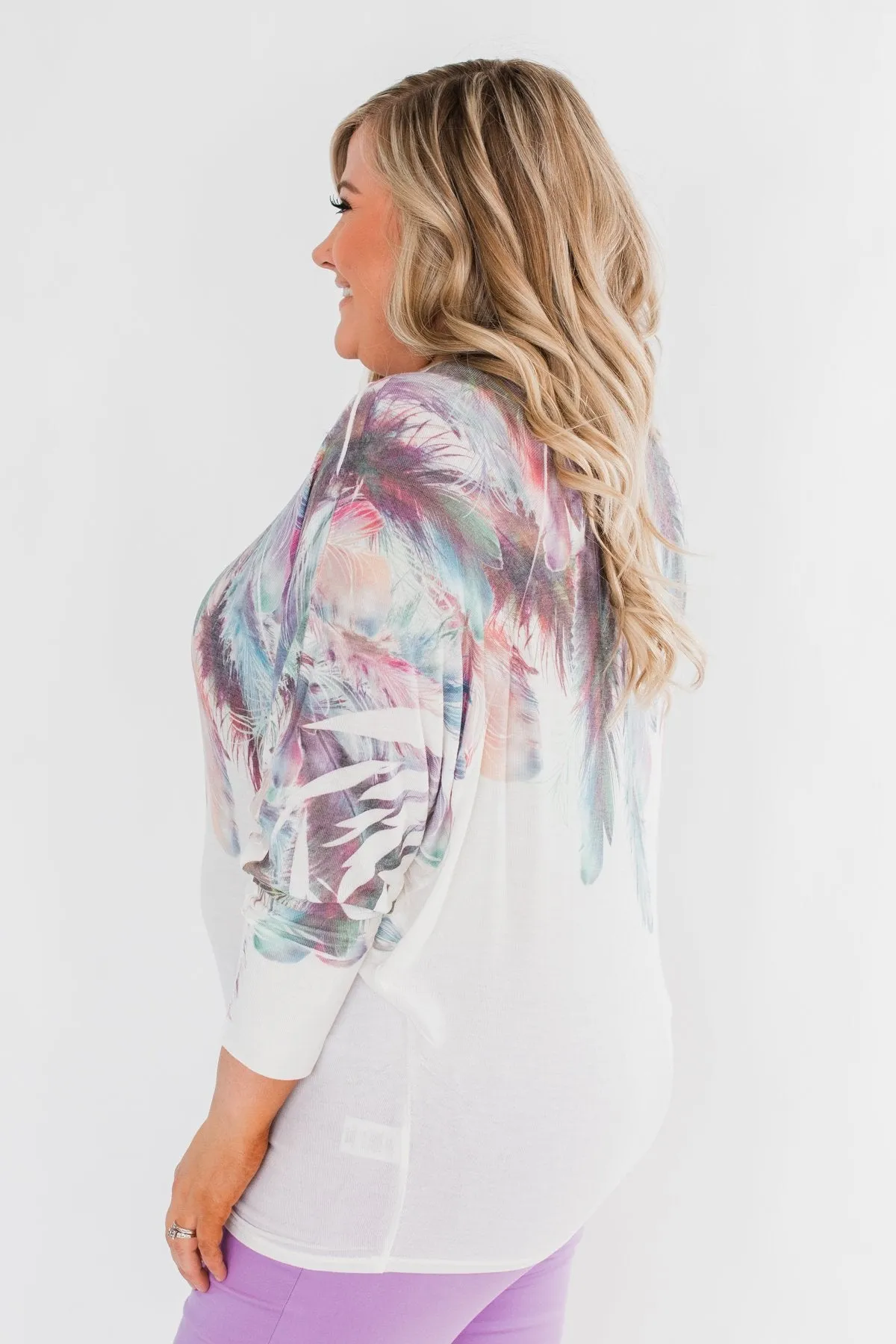 *2nds* Colorful Feather Dolman Sleeve Top- Ivory