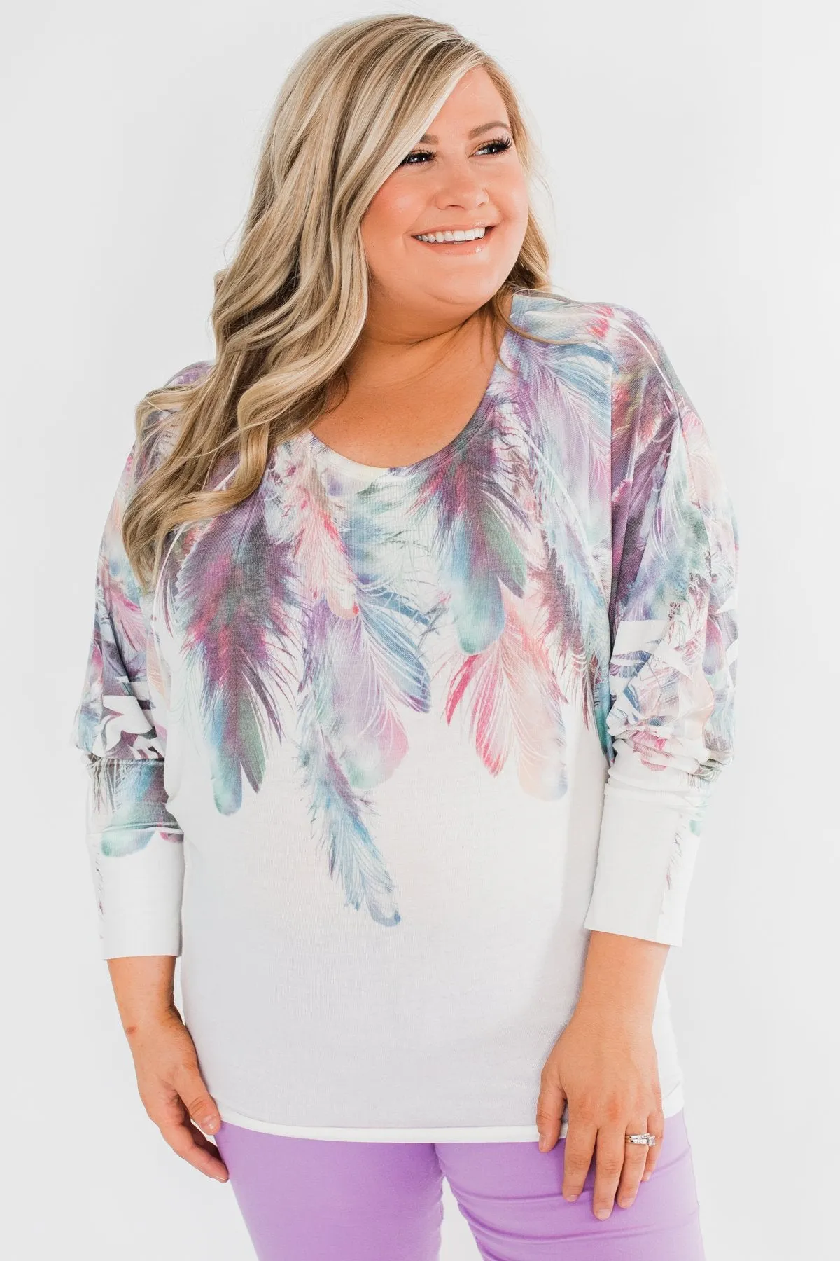 *2nds* Colorful Feather Dolman Sleeve Top- Ivory