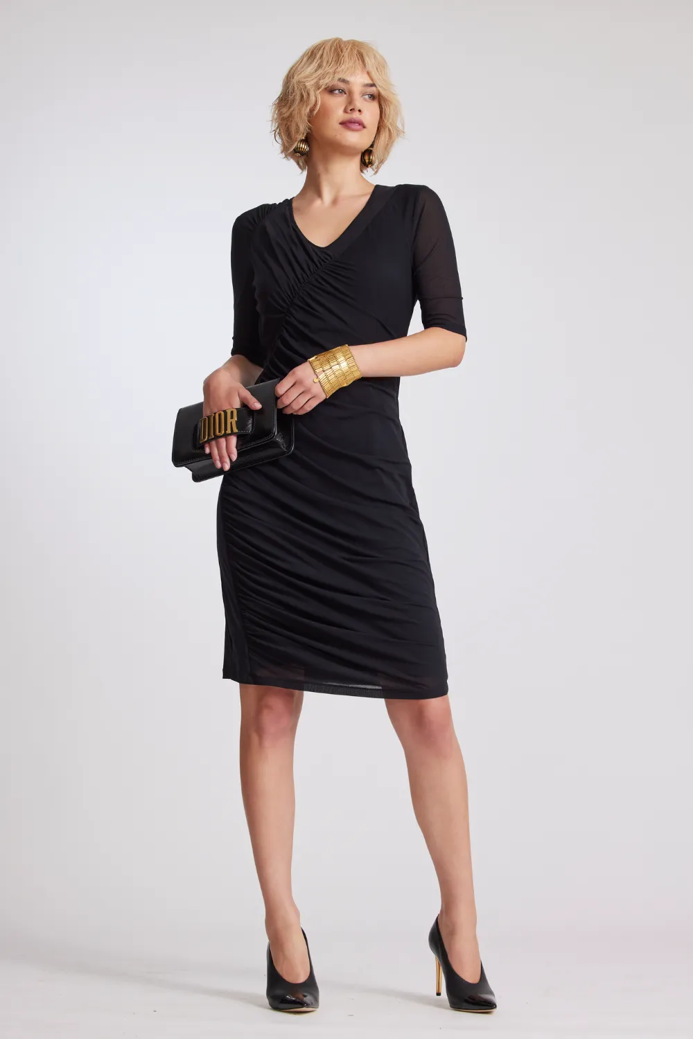 8919 Curved Seam Rouched Mesh Dress