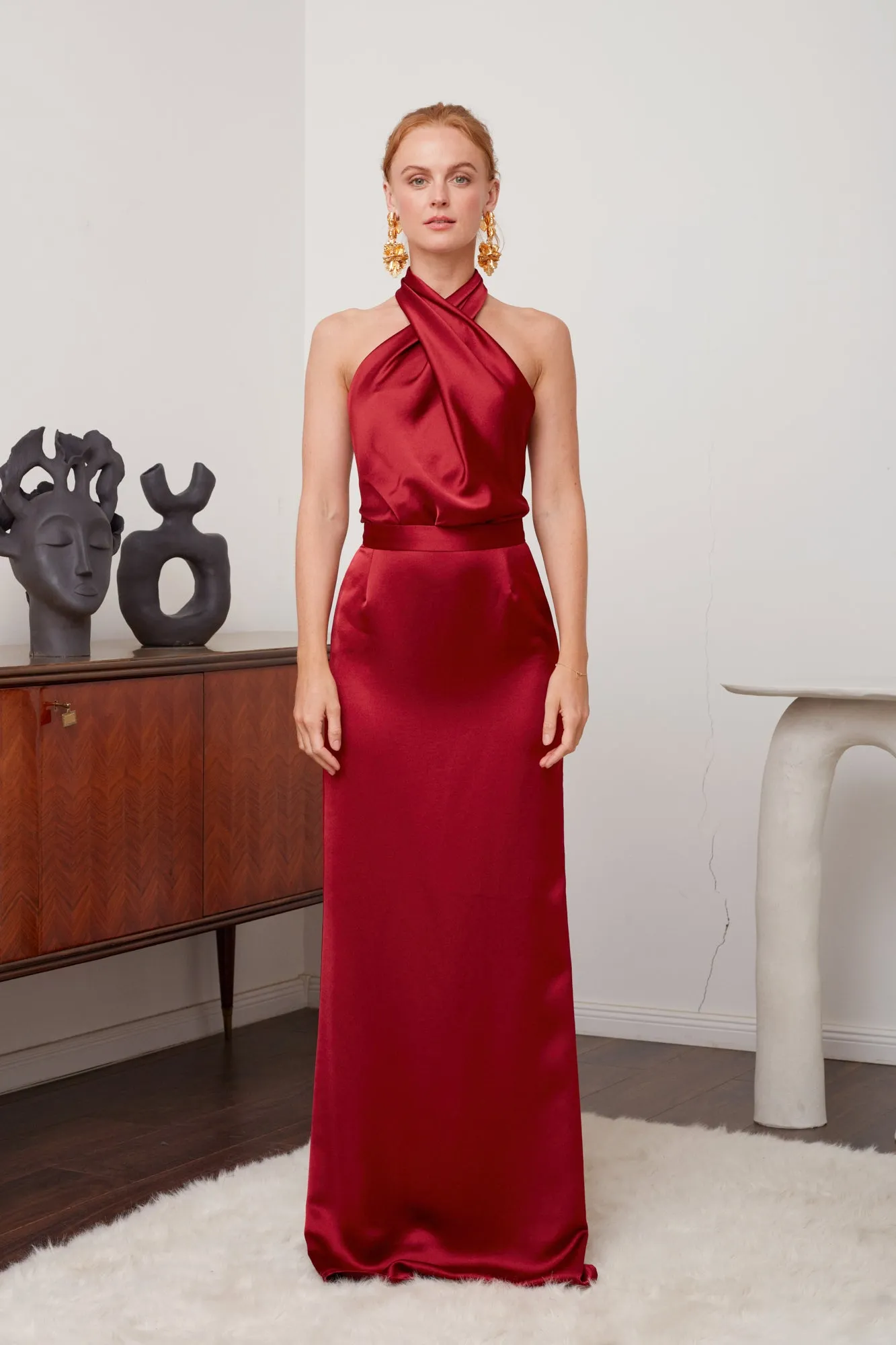 ALIUR Deep Red Maxi Evening Dress With X Neck