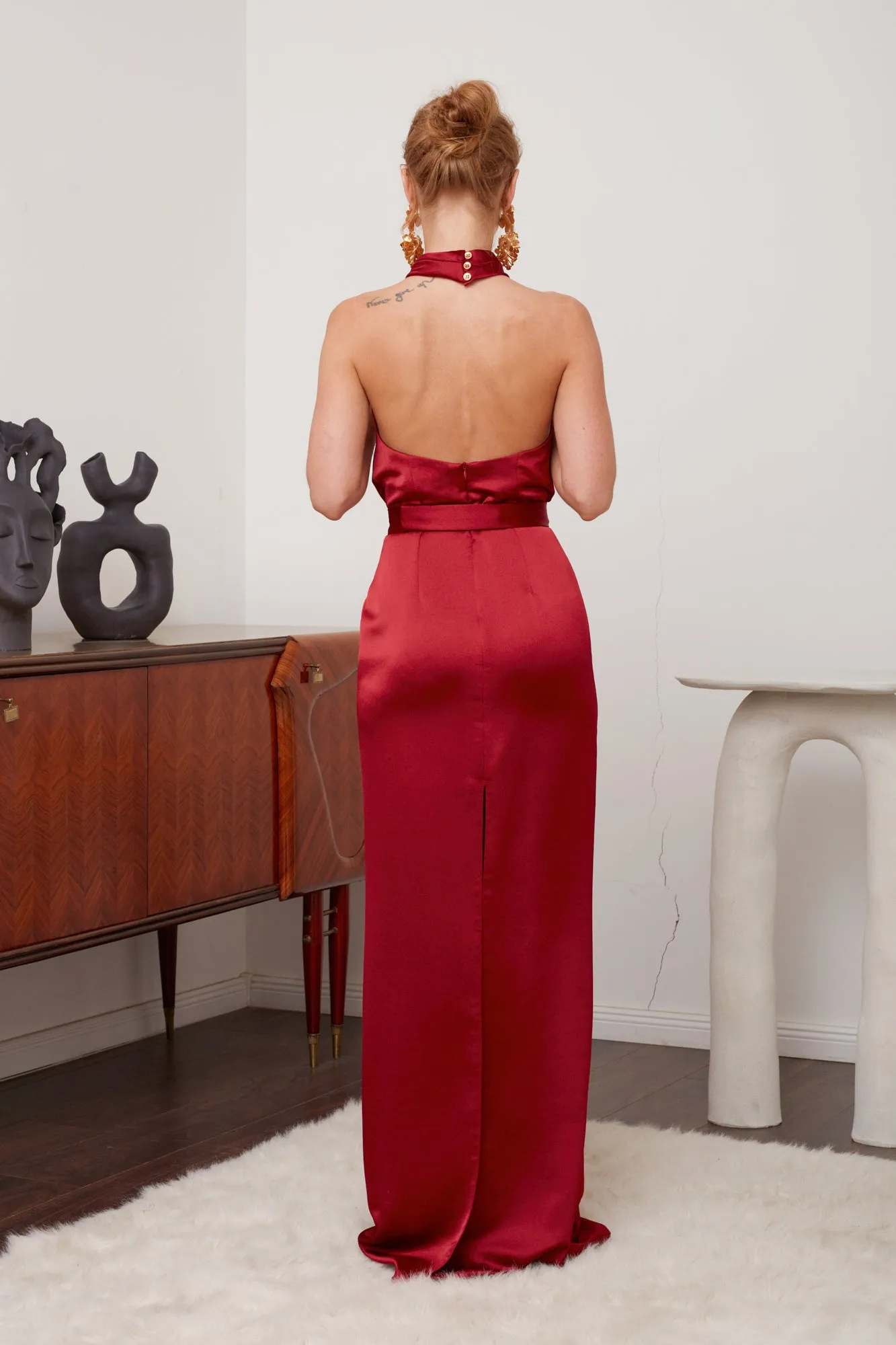 ALIUR Deep Red Maxi Evening Dress With X Neck