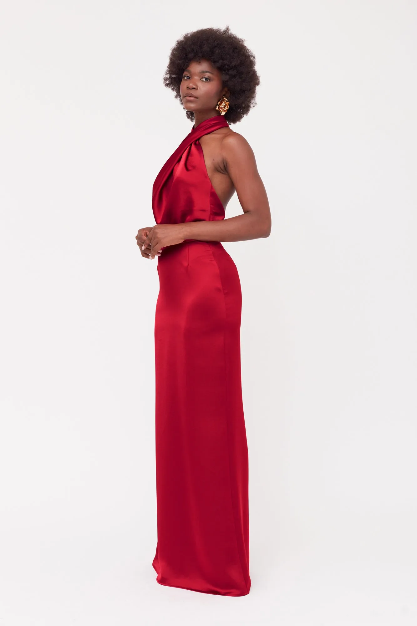 ALIUR Deep Red Maxi Evening Dress With X Neck