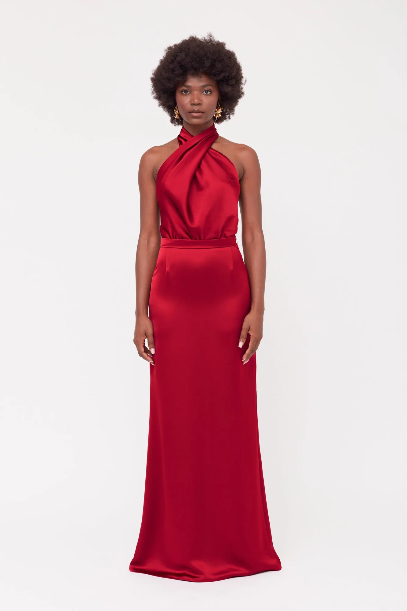 ALIUR Deep Red Maxi Evening Dress With X Neck