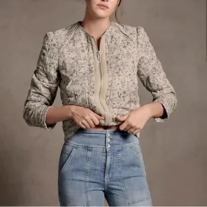 Blank NYC Dainty Floral Quilted Crop Jacket Cream Size Small Full Zip