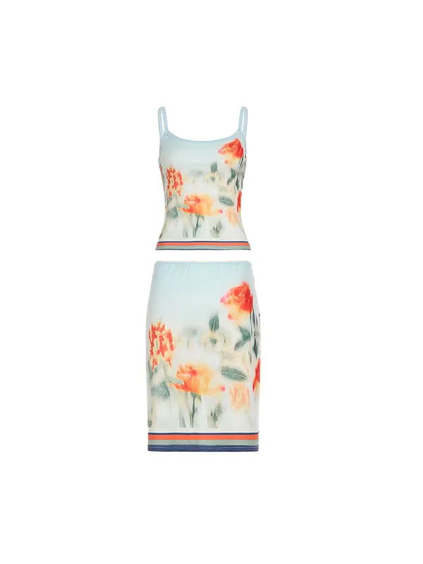Blaues Vintage Tintenblumen Print Zweiteiler