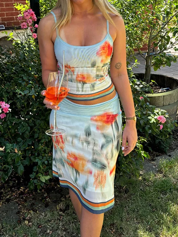 Blaues Vintage Tintenblumen Print Zweiteiler