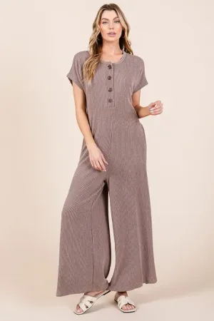 BOMBOM Rib Knit Jumpsuit with Button Detail