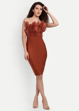 Brown Bodycon Strapless Midi Dress With Feather Detailing
