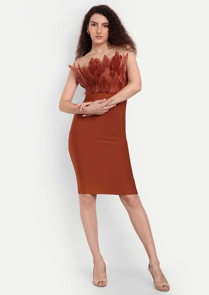 Brown Bodycon Strapless Midi Dress With Feather Detailing