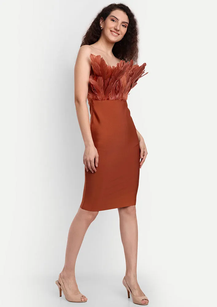 Brown Bodycon Strapless Midi Dress With Feather Detailing