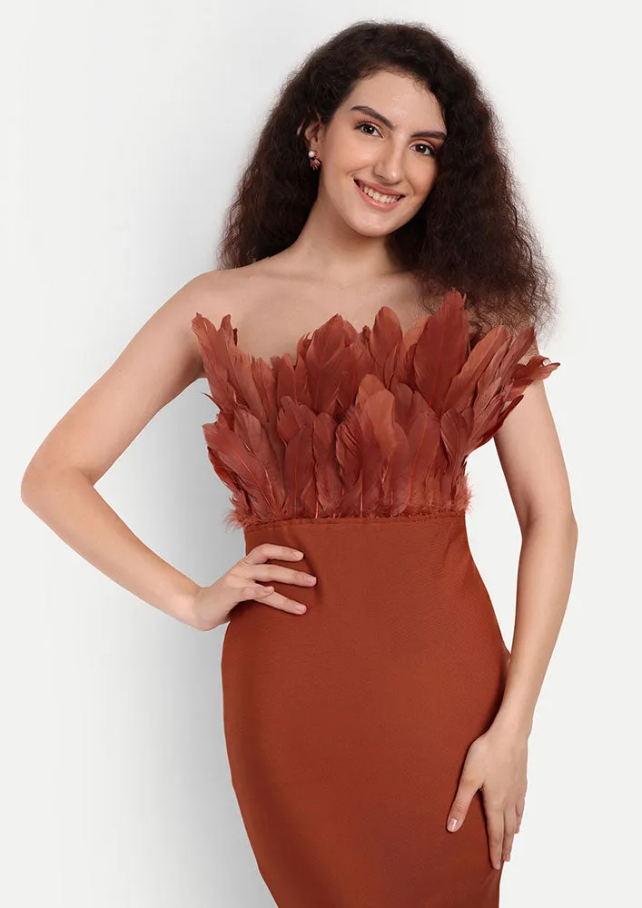 Brown Bodycon Strapless Midi Dress With Feather Detailing