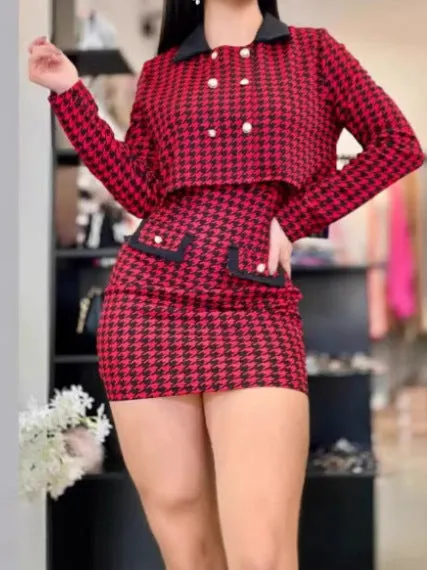Chic Plaid Two-Piece Set with Cropped Jacket and Mini Skirt