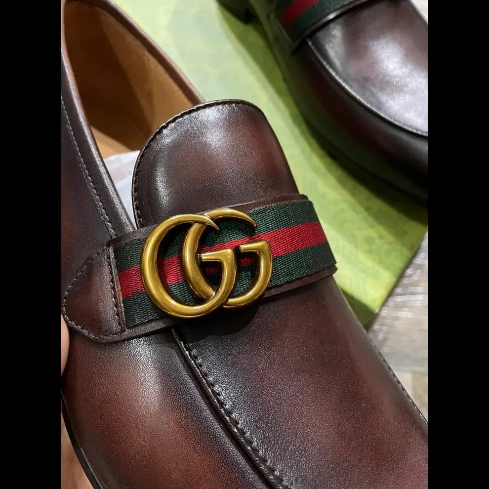 Dark Brown Leather GG Web Loafers