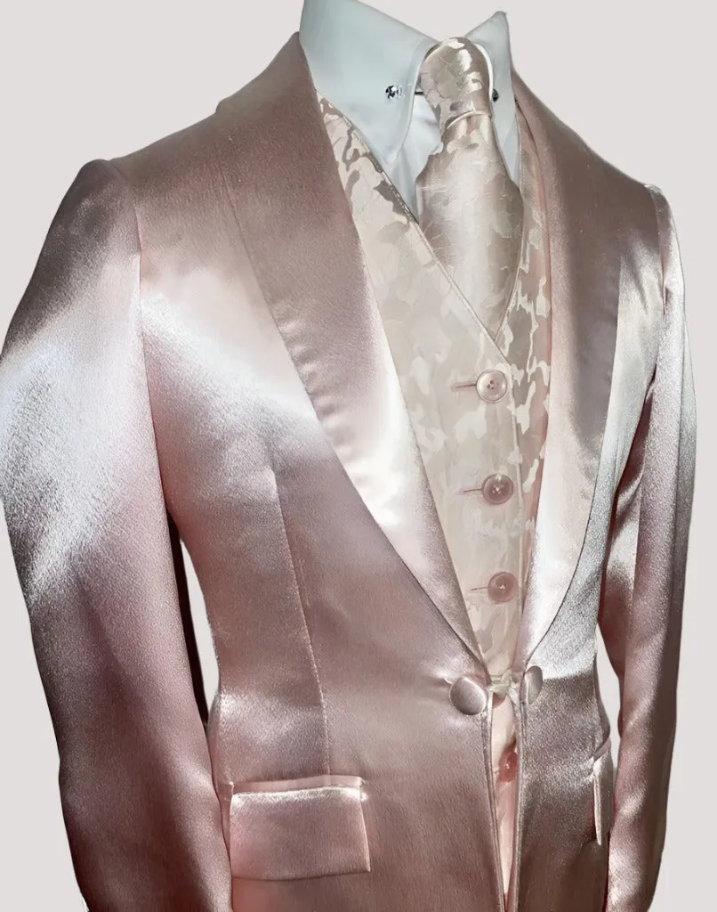 DeRegnaucourt Light Pink Satin Girls Daycoat, Vest, Shirt, and Tie Set