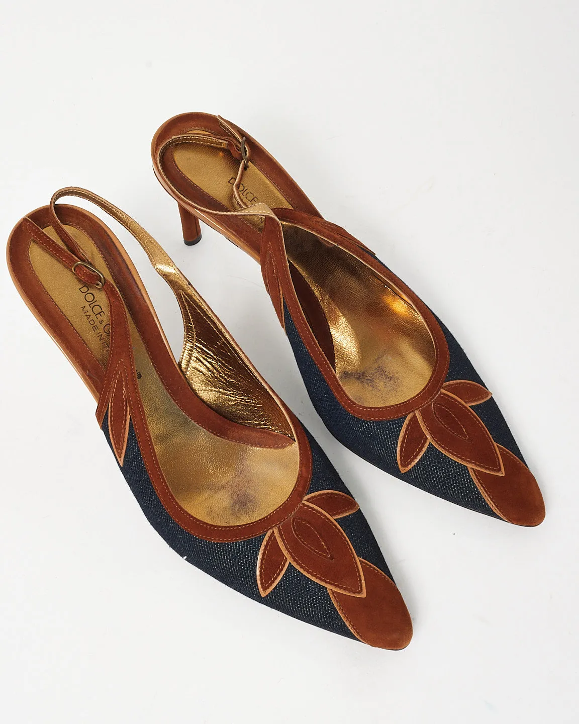 Dolce & Gabbana Vintage Blue Denim & Brown Suede Slingback Pumps - 39