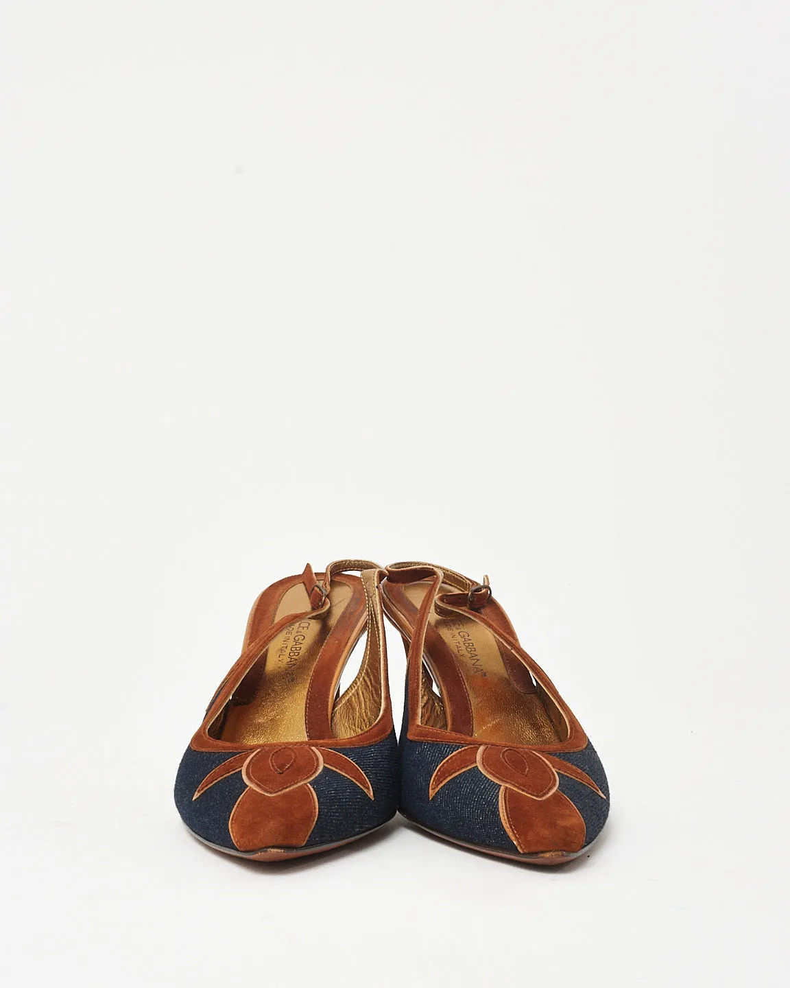 Dolce & Gabbana Vintage Blue Denim & Brown Suede Slingback Pumps - 39