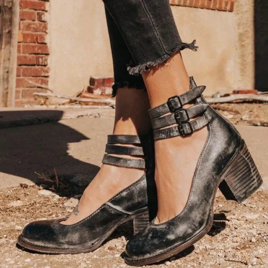 Double-Strap Block Heels | Brown | Vintage and Comfortable