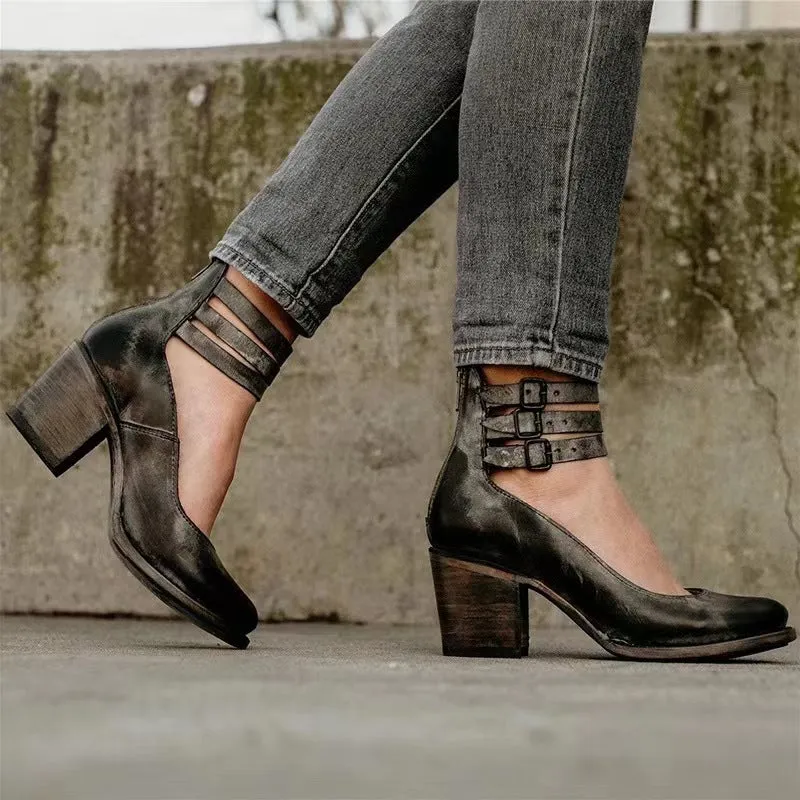 Double-Strap Block Heels | Brown | Vintage and Comfortable