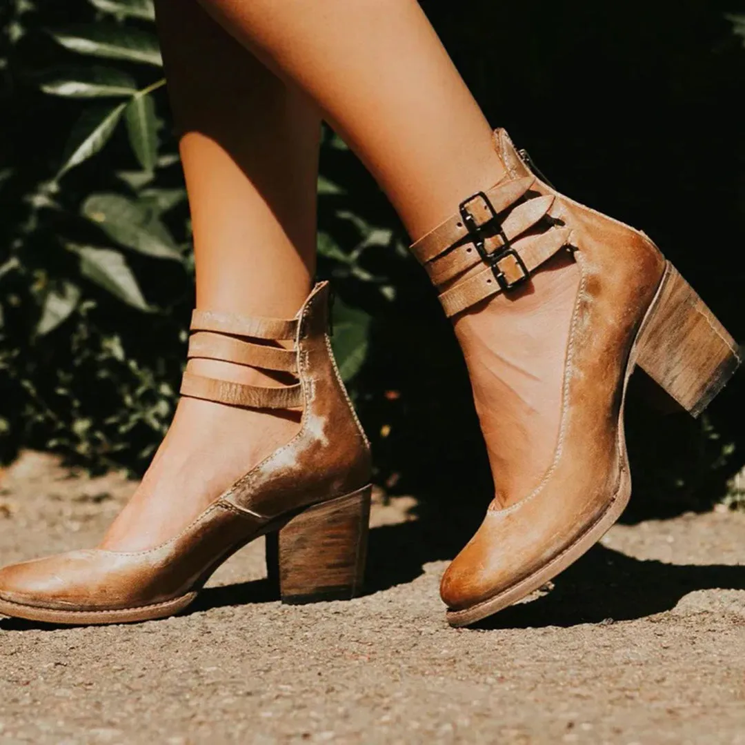 Double-Strap Block Heels | Brown | Vintage and Comfortable