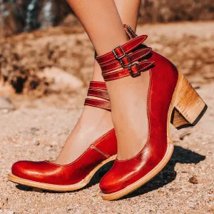 Double-Strap Block Heels | Brown | Vintage and Comfortable