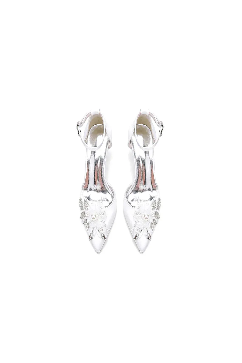 Elegant Ankle Strap White Wedding Shoes With Rhinestone Flower