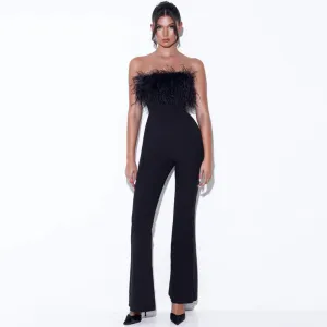 Elegant Off-Shoulder Strapless Feather Patchwork Wide-Leg Jumpsuit for Glamorous Occasions