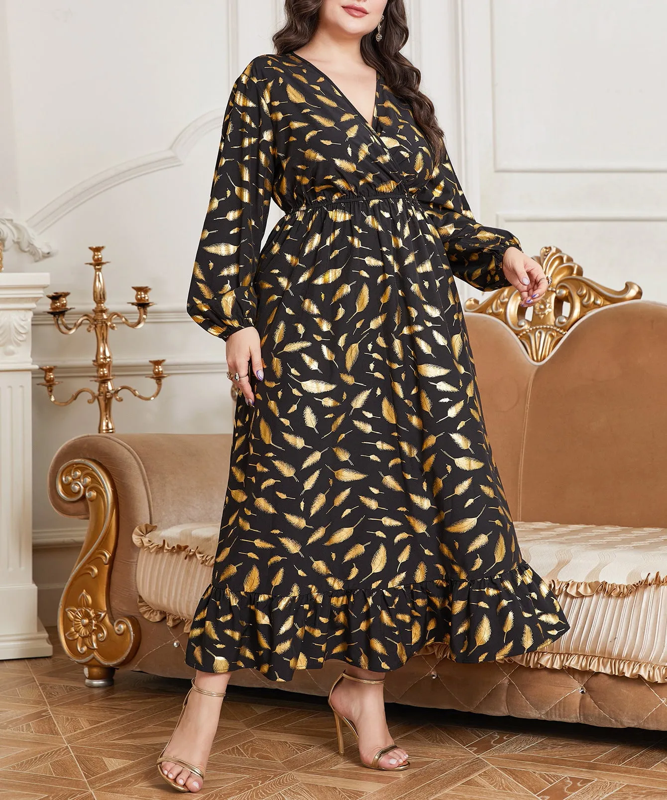 Elegant Plus Size Feather Print Maxi Dress with Elastic Waist