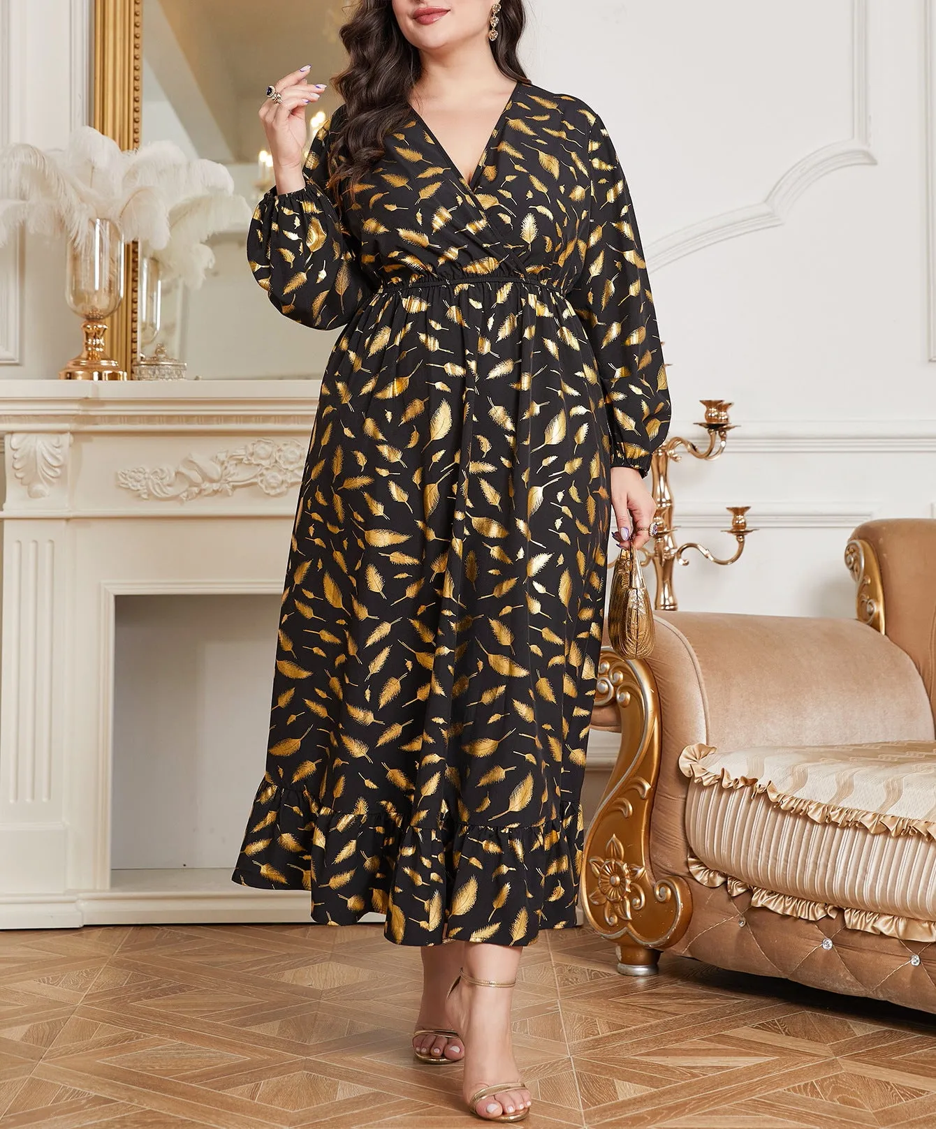 Elegant Plus Size Feather Print Maxi Dress with Elastic Waist