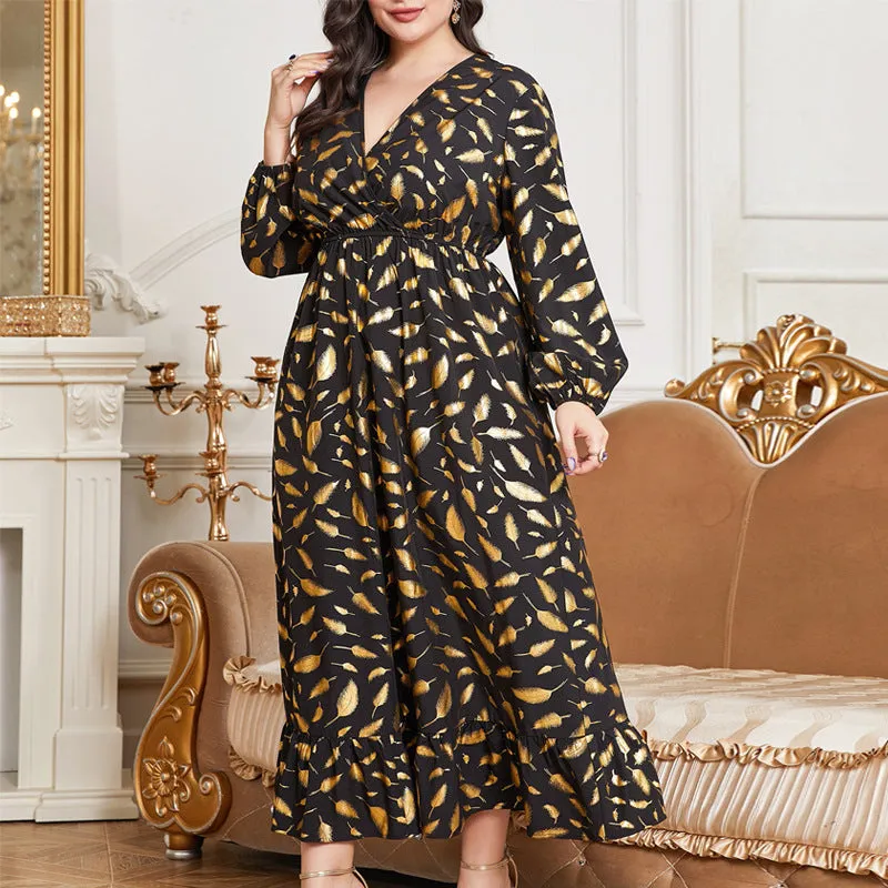 Elegant Plus Size Feather Print Maxi Dress with Elastic Waist