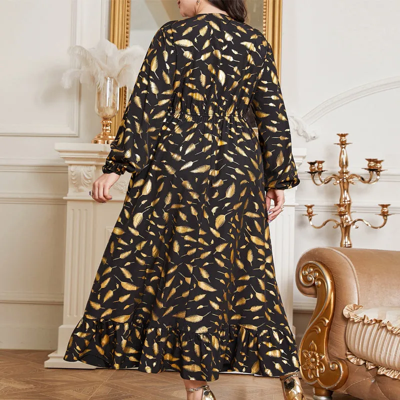 Elegant Plus Size Feather Print Maxi Dress with Elastic Waist